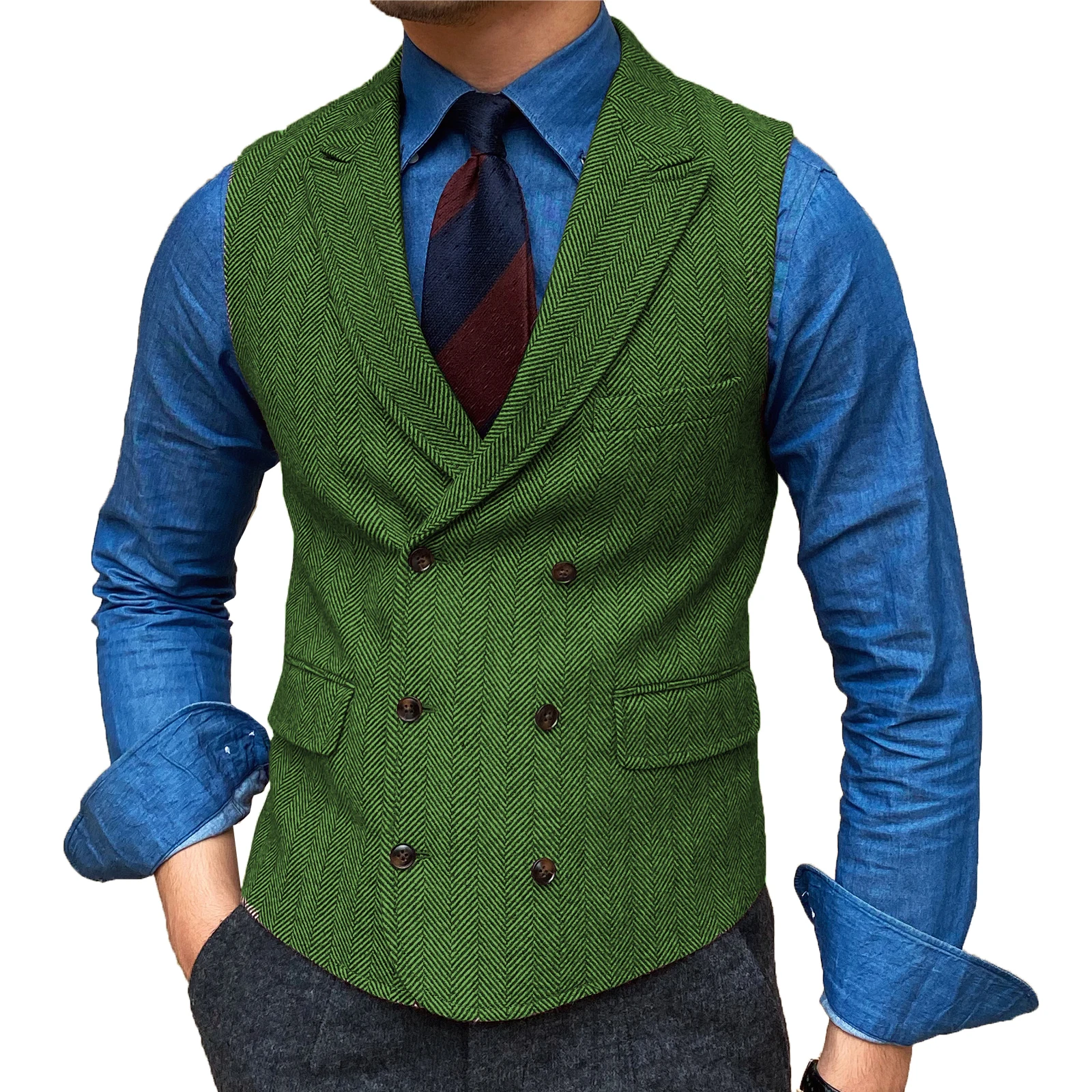 

Men's Vest Green Tailored Collar Herringbone Tweed Retro Male Gentleman Business Waistcoat Slim Fit Vest For Wedding Working