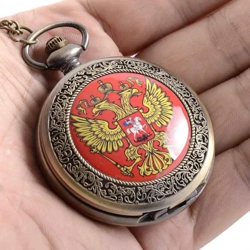 Античный бронзовый орел российский знак карманные часы ожерелье кулон тема Полный Охотник кварц гравированный брелок цепочка подарок