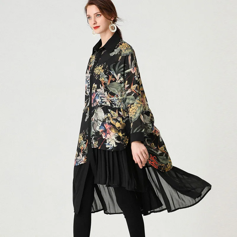 

women's vintage clothing 2021 spring new fashion blouses elegant stitching pleated mid-length loose large size chiffon cardigan