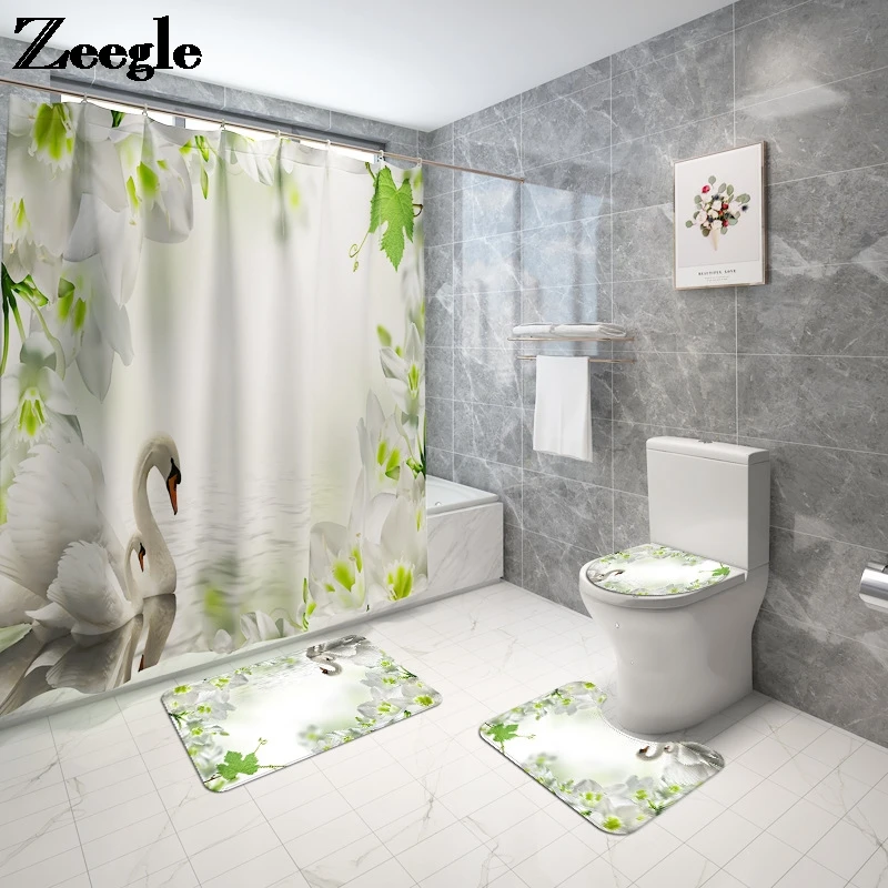Nice Printing Shower Room Home Decor Bath Mat Carpet Rugs for Toilet Non Slip Bath Mat and Shower Curtain Bathroom Bath Mat