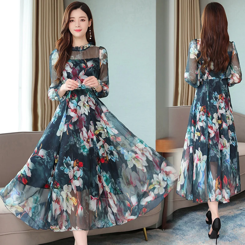 Шелковое платье с оборками и длинным рукавом Пляжное шифоновое Прозрачное