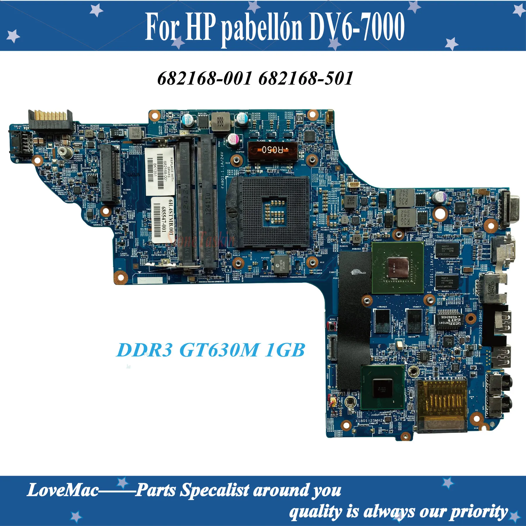 

682168-001 682168-501 placa base para portátil HP Pavilion DV6T DV6 DV6-7000 placa base W/ HM77 DDR3 GT630M 1GB 100% tested