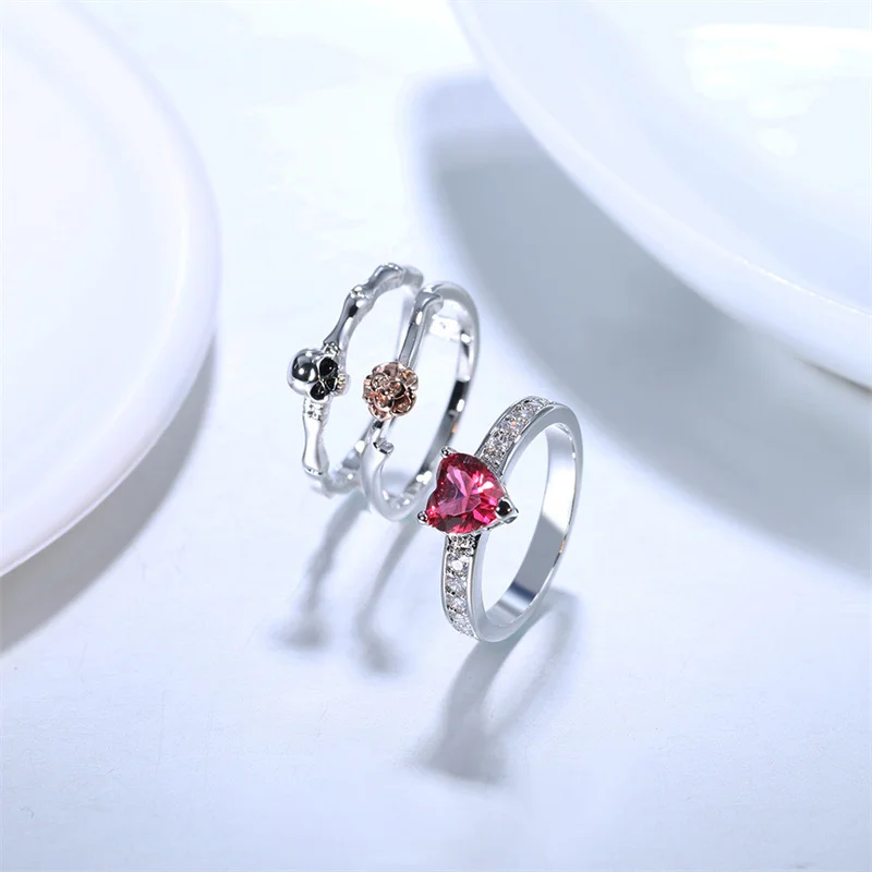 

Skull two-in-one ring European and American fashion heart-shaped zircon combination punk Women's ring Wholesale