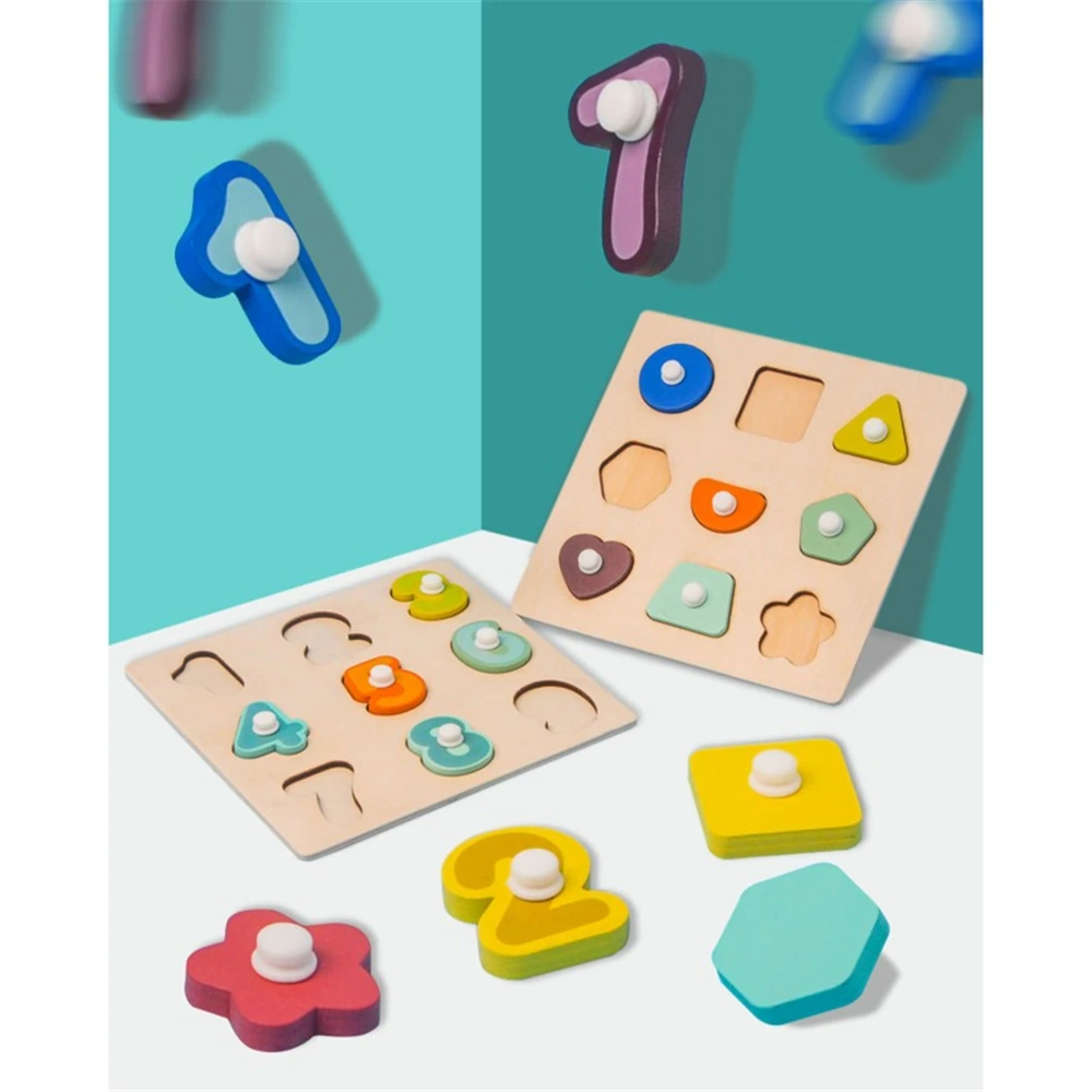 

Baby Montessori Wooden Puzzle Hand Grab Board Set Educational Toys Infantil Cartoon number letter Math Puzzle kids Gift