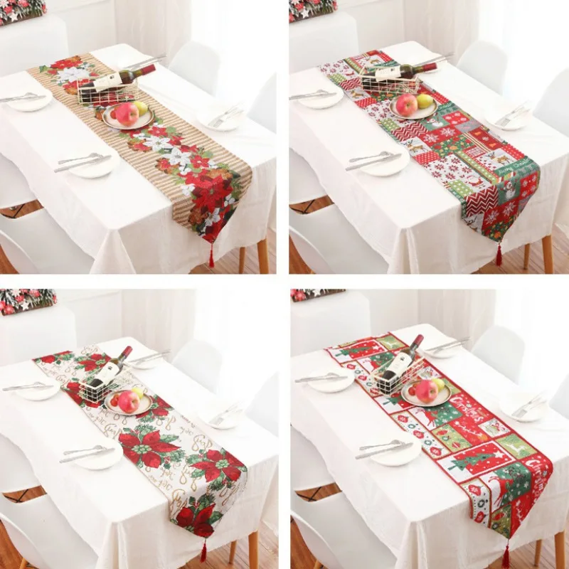 

Christmas Flower Table Runner With Tassels Pendant Festive Holiday Dinning Table Decorations Santa Claus Decorative Table Cloth
