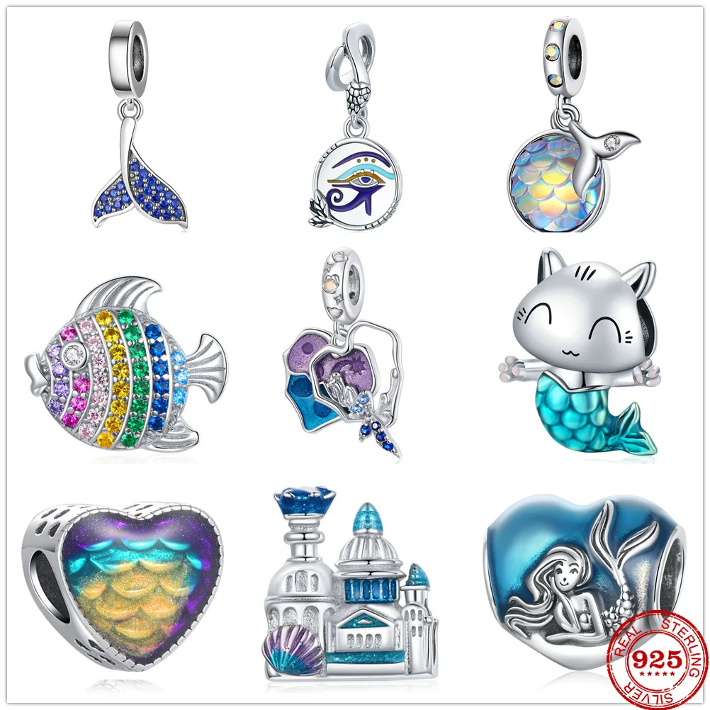 Подлинные бусины-шармы в виде звеньев русалки серебристые синие рыбы замок