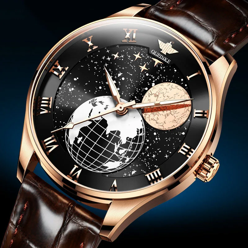 

new men's watch moon phase starry sky fashion dial luminous leather men's business mechanical watch mechanical moon phase watch