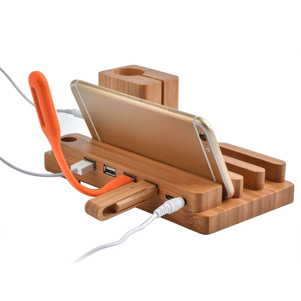 Bamboo 4 USB Charger Station Phone Holder Stand for Xiaomi Charging Docking Station Charger For iPhone iPad Apple Watch Samsung