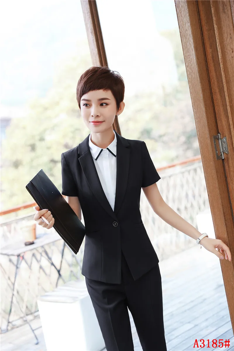 

Formal 2 Piece With Jackets And Pants Professional Blazers For Women Summer Short Sleeve OL Styles Pantsuits Female Trousers Set