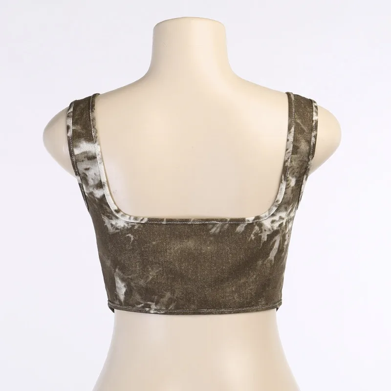 

New Women's Tie-dye Lace-up Vest Sleeveless Square Neckline Cutout Crop Top Sexy 2020 Autumn Street Wear For Lady