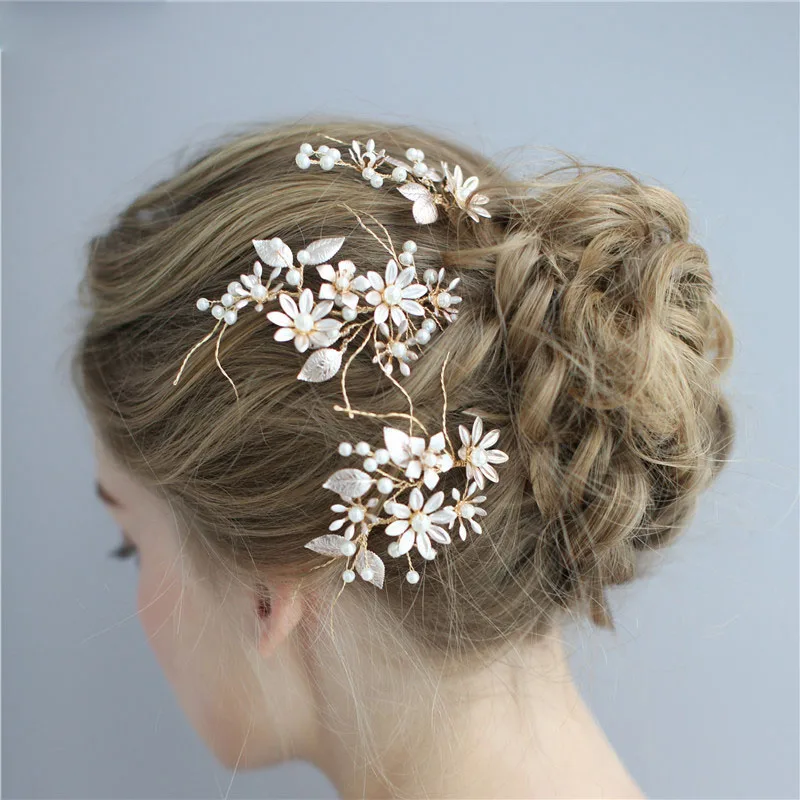 

SLBRIDAL Handmade Golden Clear Rhinestones Crystal Flower Wedding Hair Pin Bridal Hair Sticker Hair accessories Women Jewelry