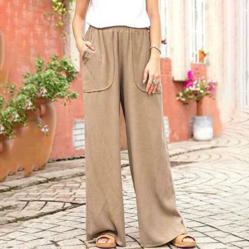 

Women's Cotton Linen Pants High Waisted Harem Loose Soft Elastic Waist White Summer Pants Blue Casual 2021 Trousers For Female
