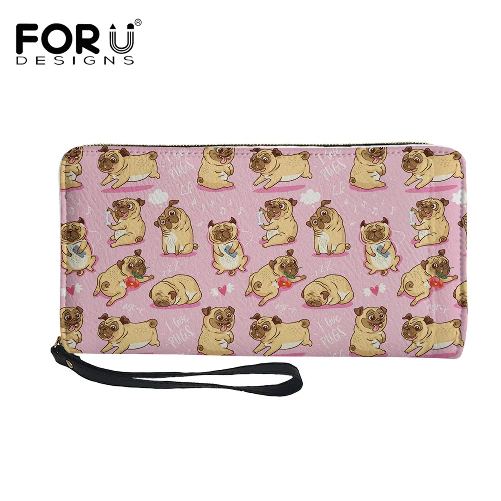 

FORUDESIGNS Luxury Woman's Leather Wallet Cute Funny Pug Pupies Design Female Clutch PU Long Purse Coin Money Bags for Boy Girls