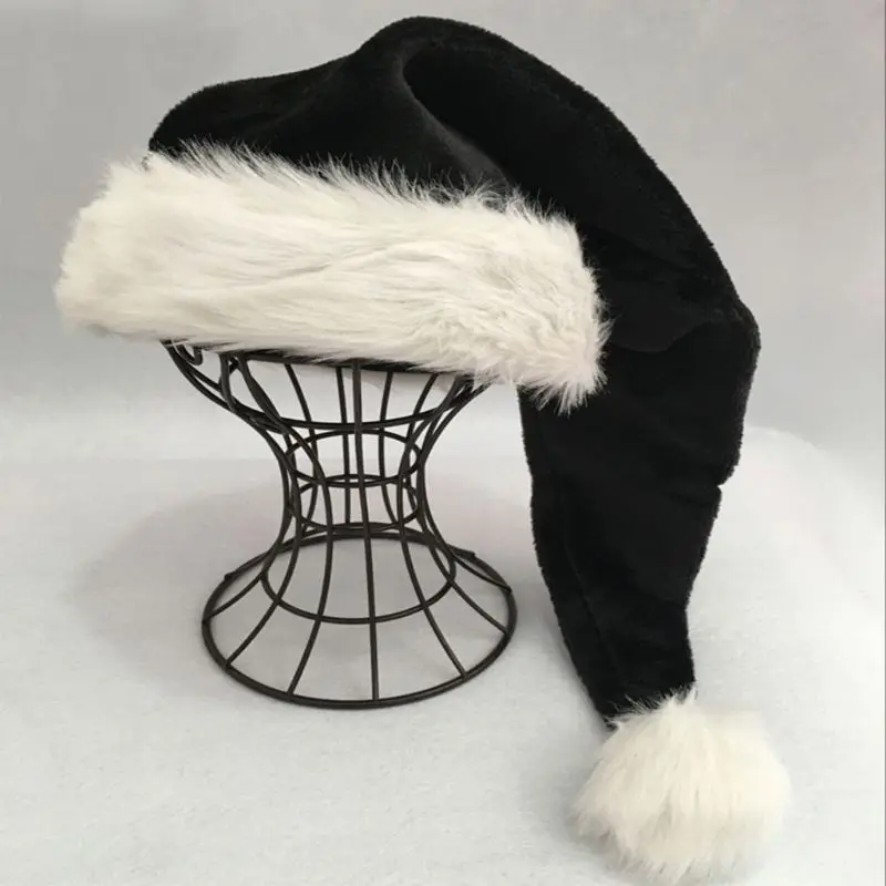75 ซม.ผู้ใหญ่สีดำPlushยาวหมวกคริสต์มาสXmasเครื่องแต่งกายPompomหมวกSanta Claus