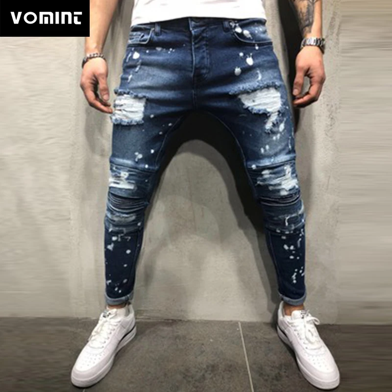 Мужские облегающие джинсы VOMINT черные повседневные штаны с рисунком в горошек