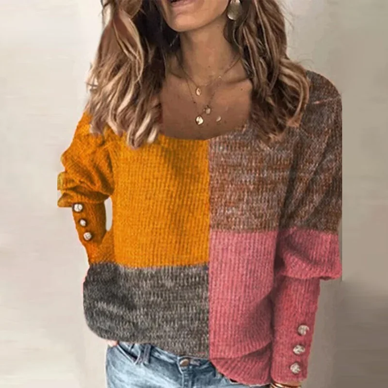 

Женский винтажный вязаный свитер в стиле пэчворк, повседневный свободный Женский пуловер с круглым вырезом, топы 3XL, осенне-зимние теплые св...