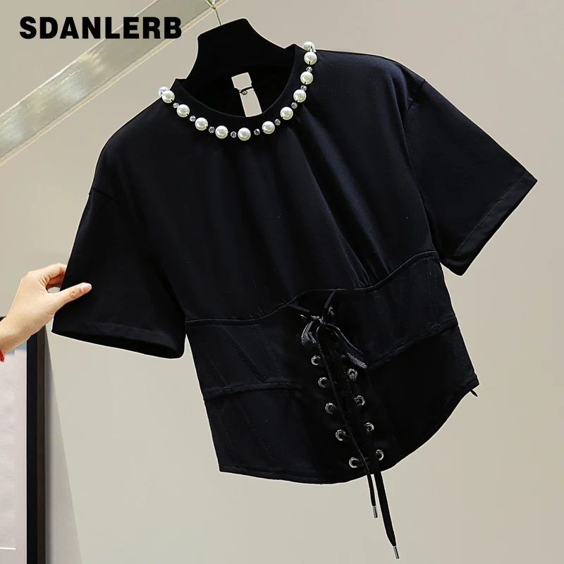 

Beads Diamond Short Sleeve Ladies Top 2021 Summer Korean Style Slim High Waist Short Solid Color T-shirt Casual Pullover