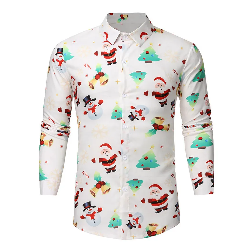 Camisa Masculina, мужская повседневная Рождественская рубашка с принтом снежинок Санты, конфет, топ, блузка, Chemise Homme Noel, мужская рубашка с длинным рукавом - Цвет: White