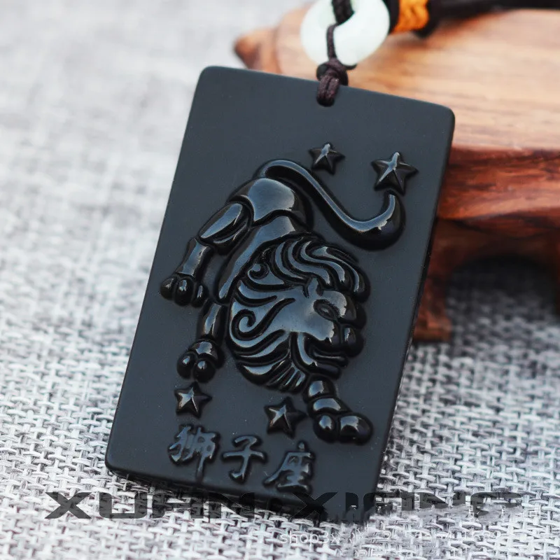 

Natural Black Obsidian Hand Carved Leo Jade Pendant Fashion Jewelry Men's and Women's 12 Constellations Necklace Gift