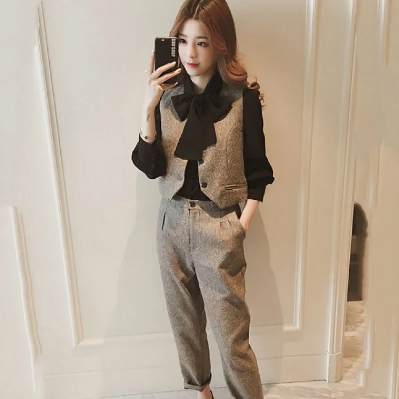 Модный женский комплект из 3 предметов топ и брюки с жилетом воротник Питера Пэна