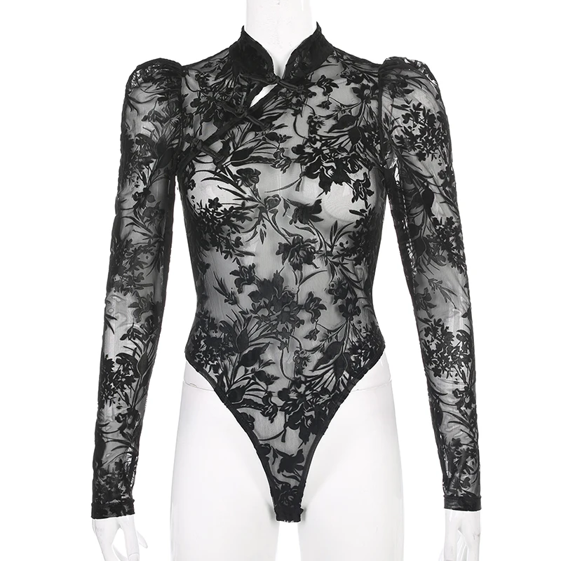 Черное цветочное Сетчатое платье Прозрачная Для женщин боди Топ Китайский шеи