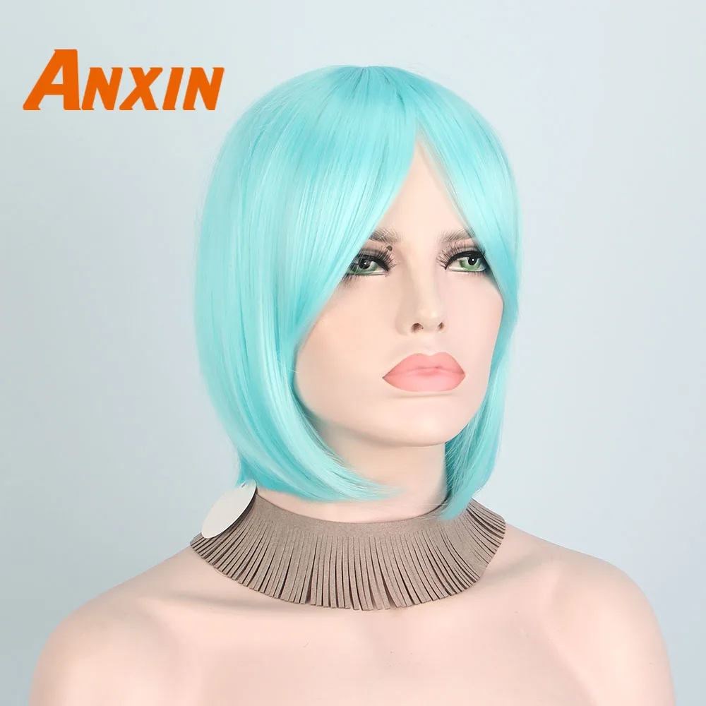 Женский Короткий прямой парик Anxin голубой 12 дюймов с челкой для косплея аниме