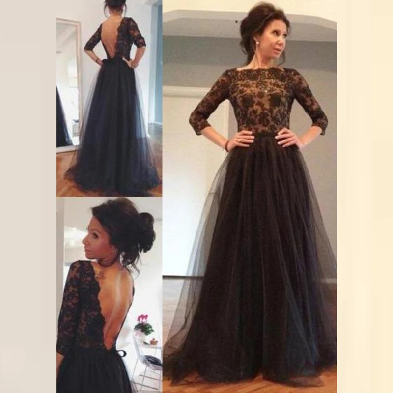 

Black Lace Mother of the Bride Dress 3/4 Long Sleeve Open Backless A Line Floor Length Formal Wedding Party Evening Prom Gowns
