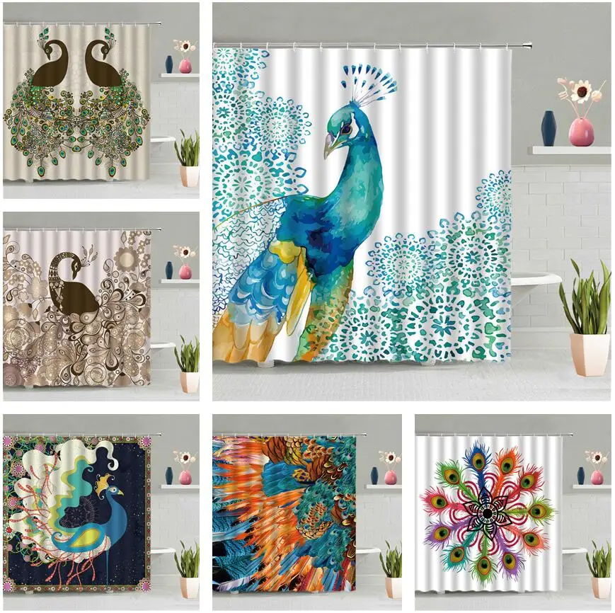 

Занавеска для душа с изображением павлина, настенная Водонепроницаемая декоративная занавеска С 3d рисунком цветных животных и перьев для в...
