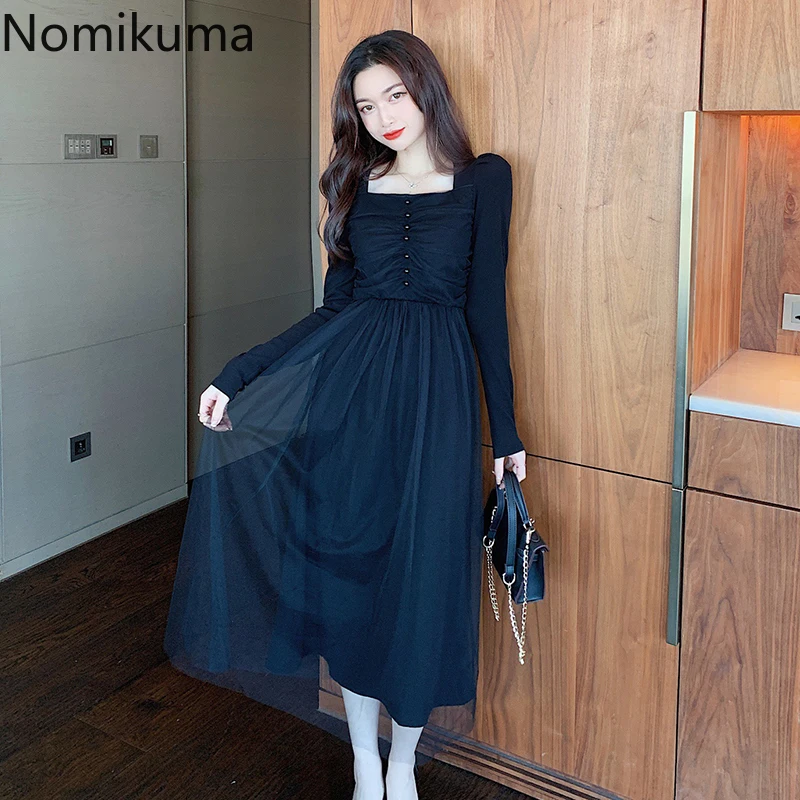 Nomikuma темпераментные элегантные марлевые платья осень новый квадратный воротник