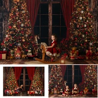 photography backdrop christmas window red curtain birthday background rustic wood winter christmas tree gifts toys photo shoot