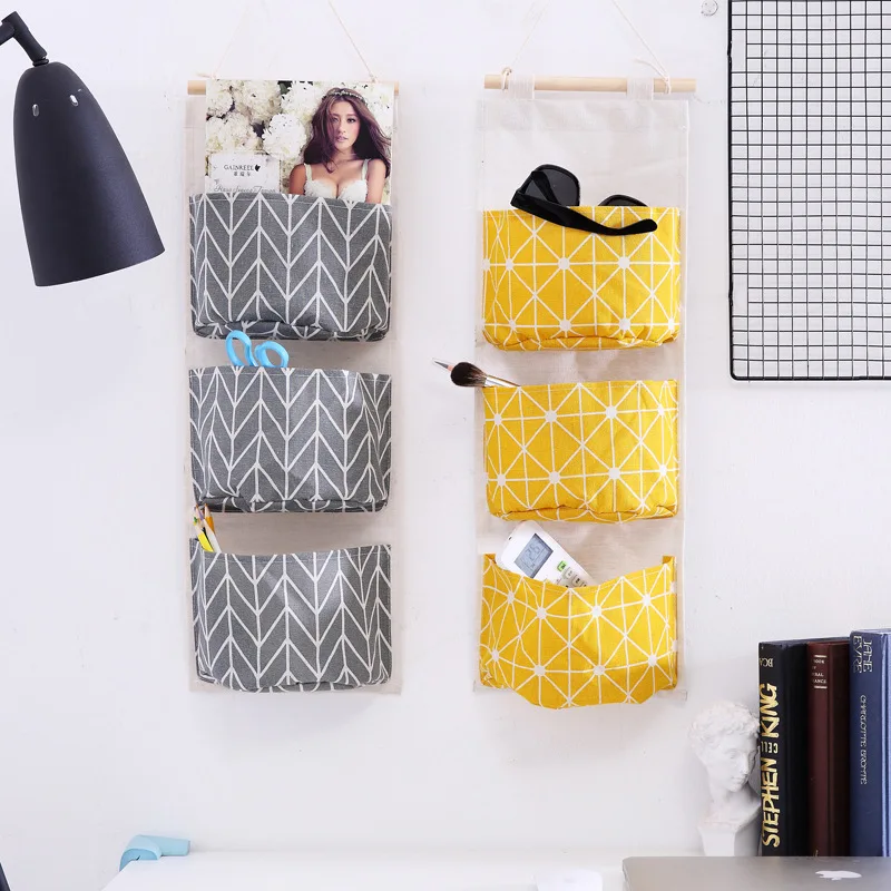 

Linen Cotton Waterproof Fabric Wall Door Closet Hanging Storage Bag 3 Pockets Over The Door Organizer for Home Room Bathroom