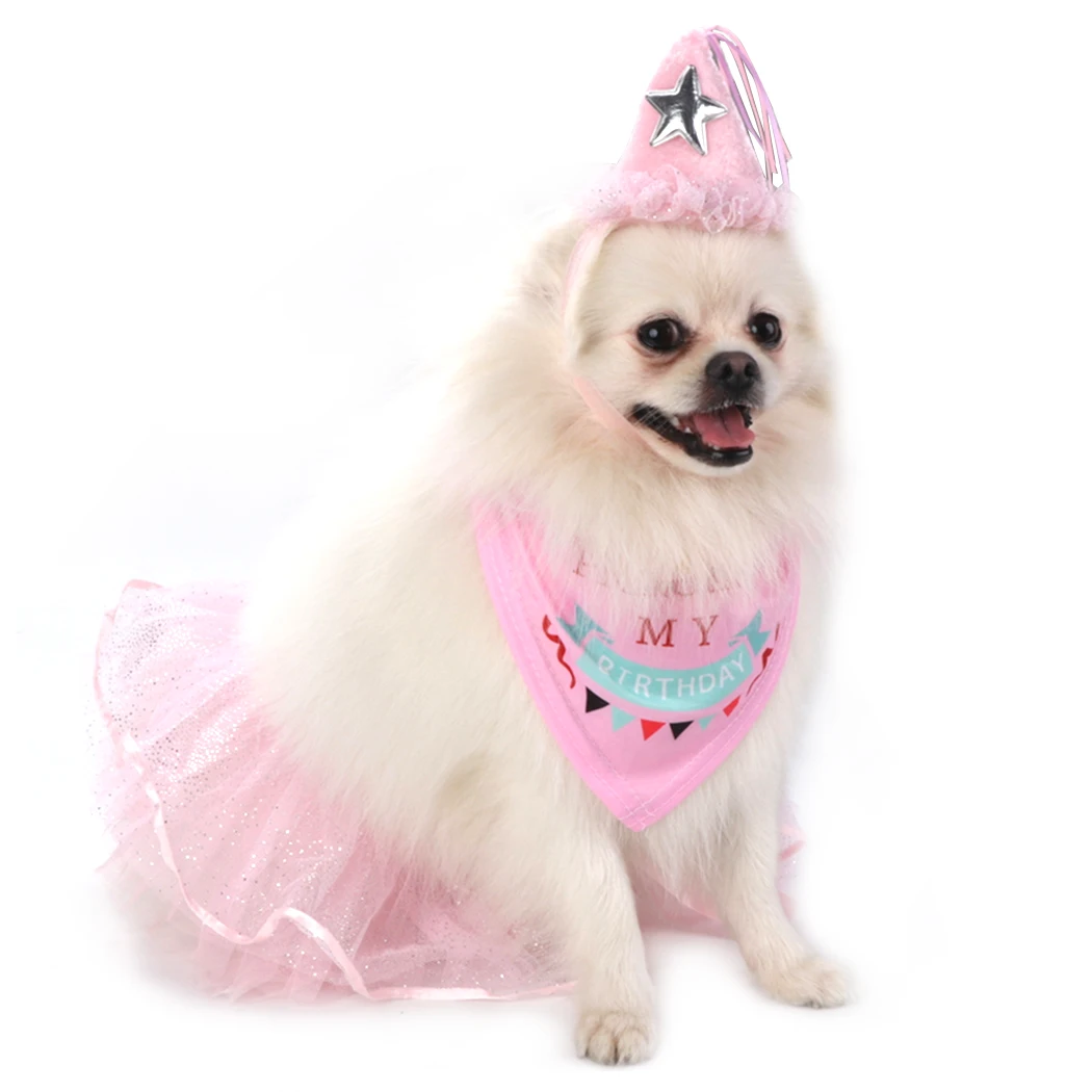 

Cute Dog Skirt With Headband & Dog Bandana For Birthday Party Pet Party Dress Up Suit Pet Skirt