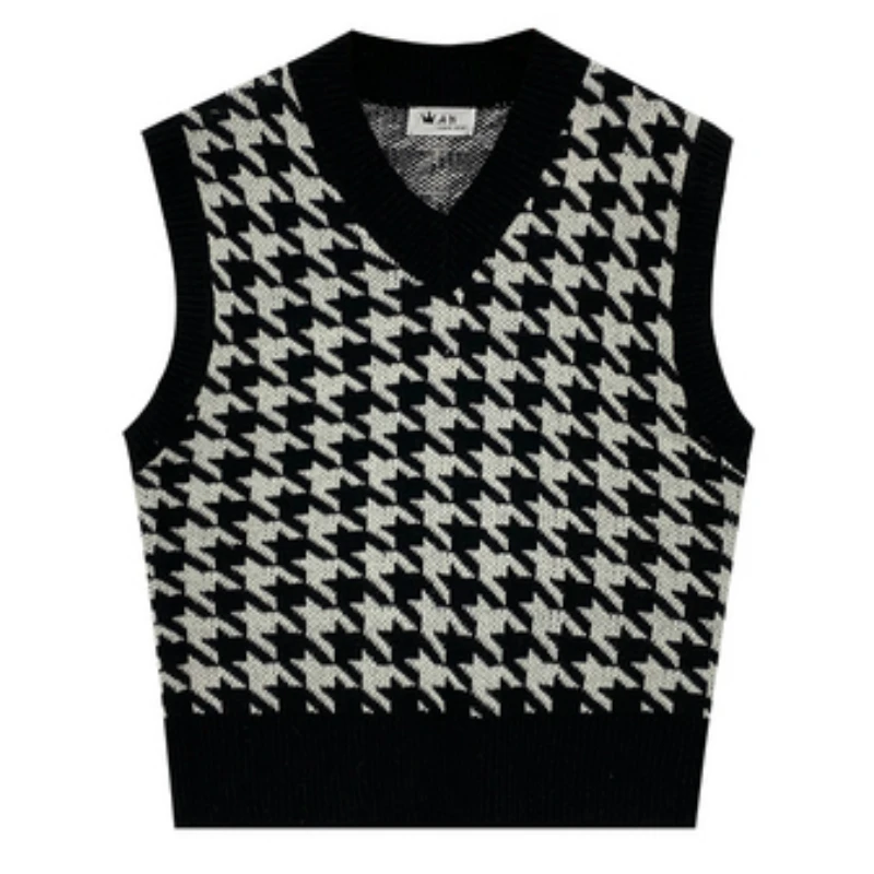 

NEW Houndstooth Vest Women's Knitted Vest New Autumn Loose Korean Outdoor Sweater Waistcoat