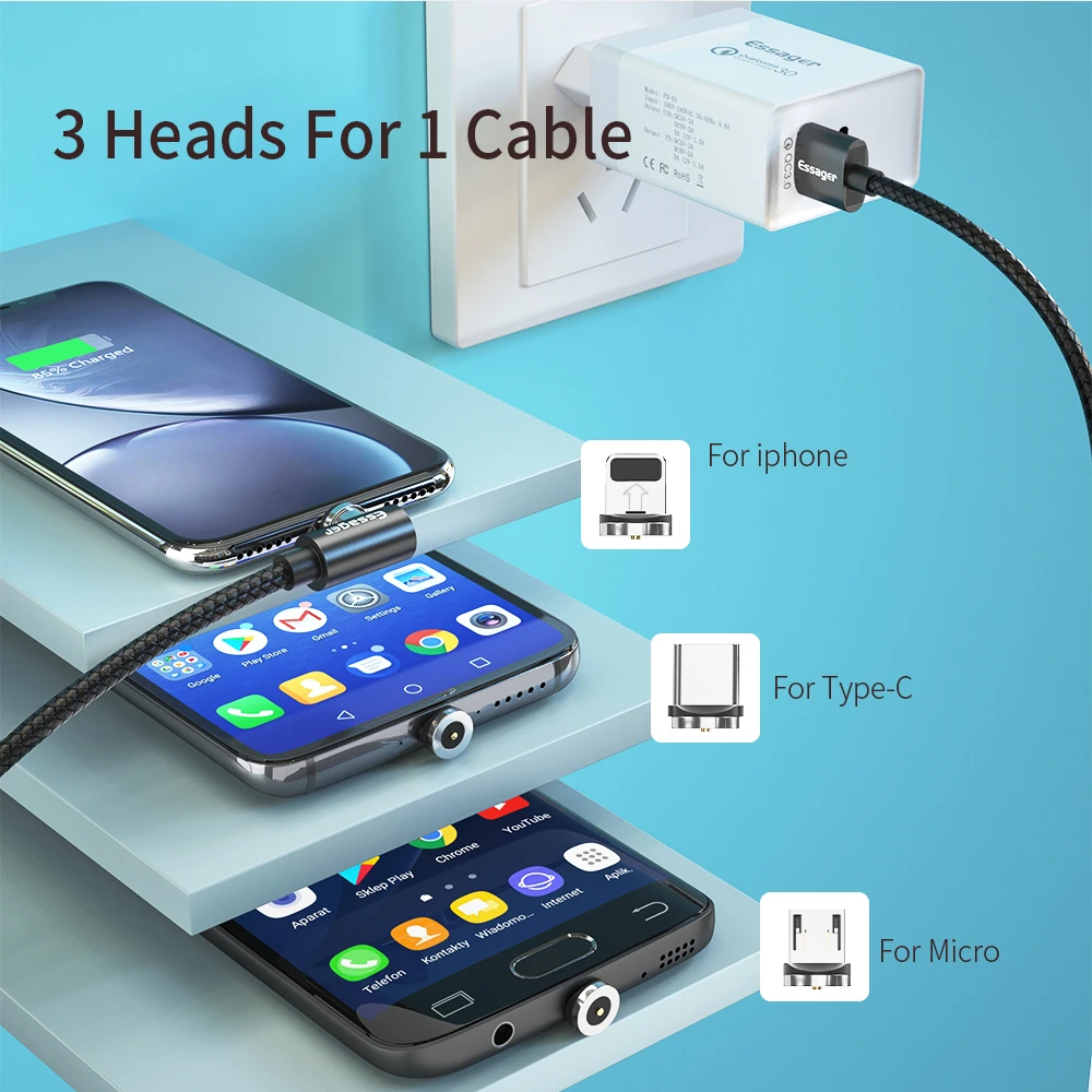 Магнитный кабель Essager 1/2 м Micro USB Type C адаптер зарядное устройство для быстрой