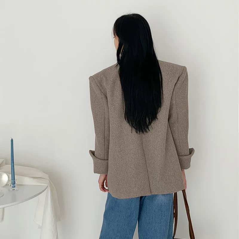 

New Vintage Women Blazers Single Breasted OL Blazer Long Sleeve Loose Female Woolen Suit Coats Winter Warm Jackets Outwear