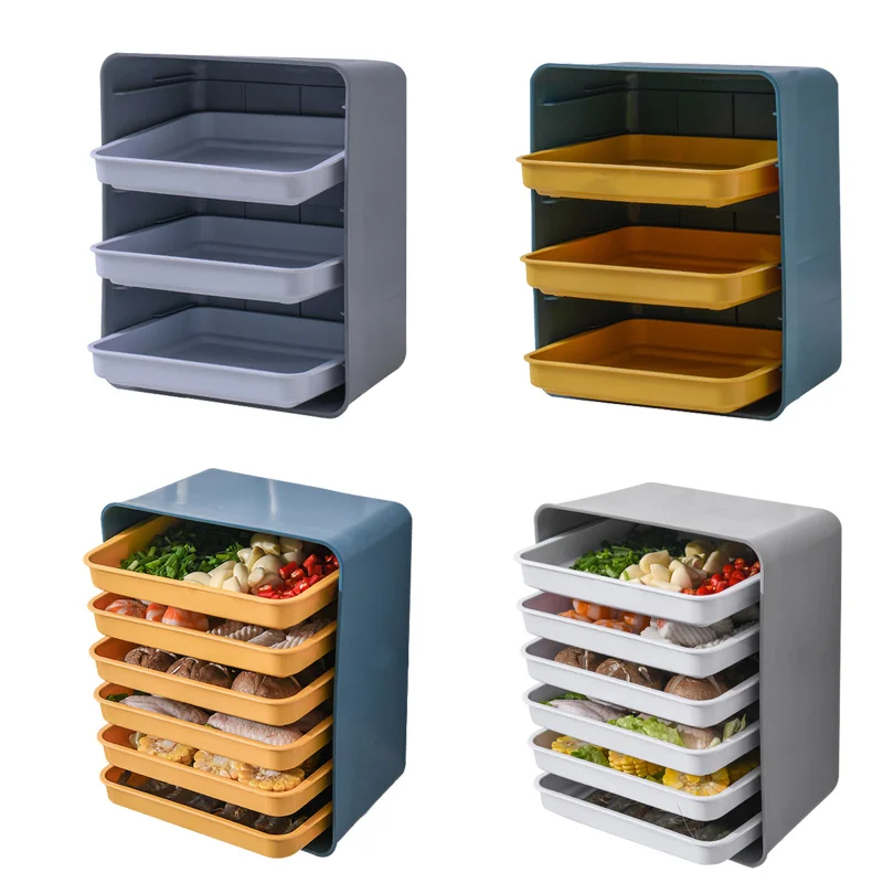 

New 3/6 Layers Cooking Preparation Food Storage Rack Kitchen Fruit Vegetable Storage Tray Wall-hanging Shelves Organizer Box