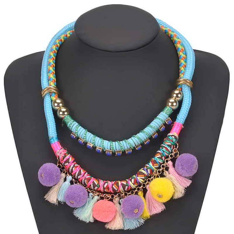 

Ожерелье женское, многослойное, в богемном стиле, на веревочной цепочке, свадебные аксессуары, помпон-кисточка