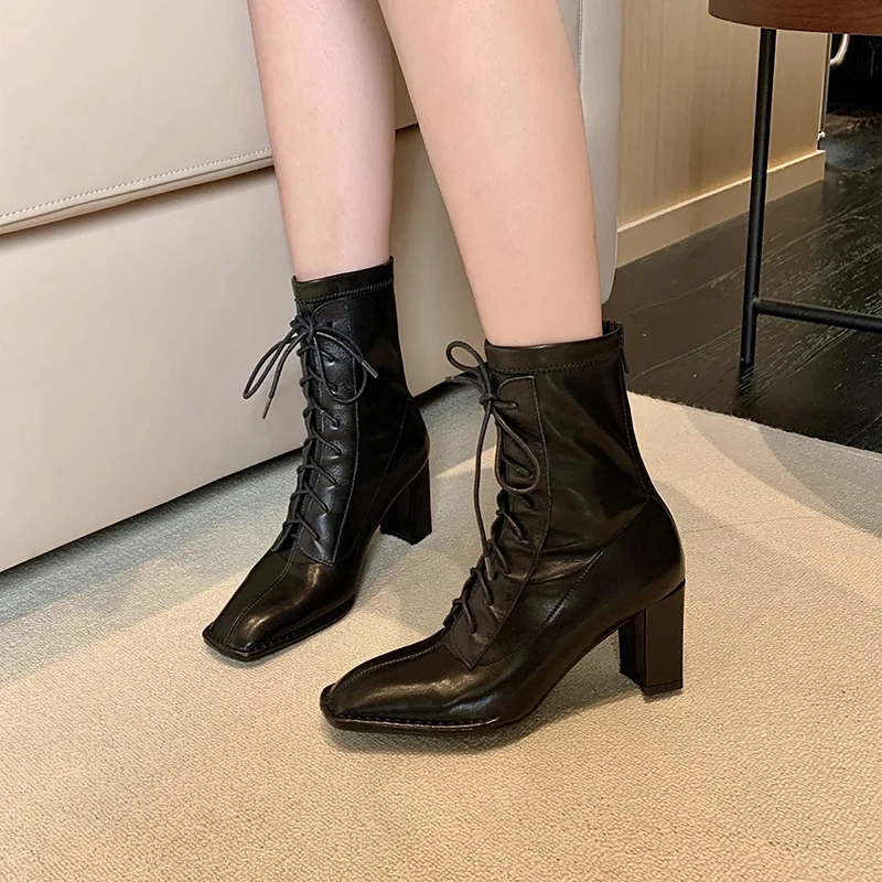 

Fashion Comfortable Genuine Leather Women's Ankle Boots Elegant Square Toe Thick High Heels Pumps Party Casual Shoes Woman