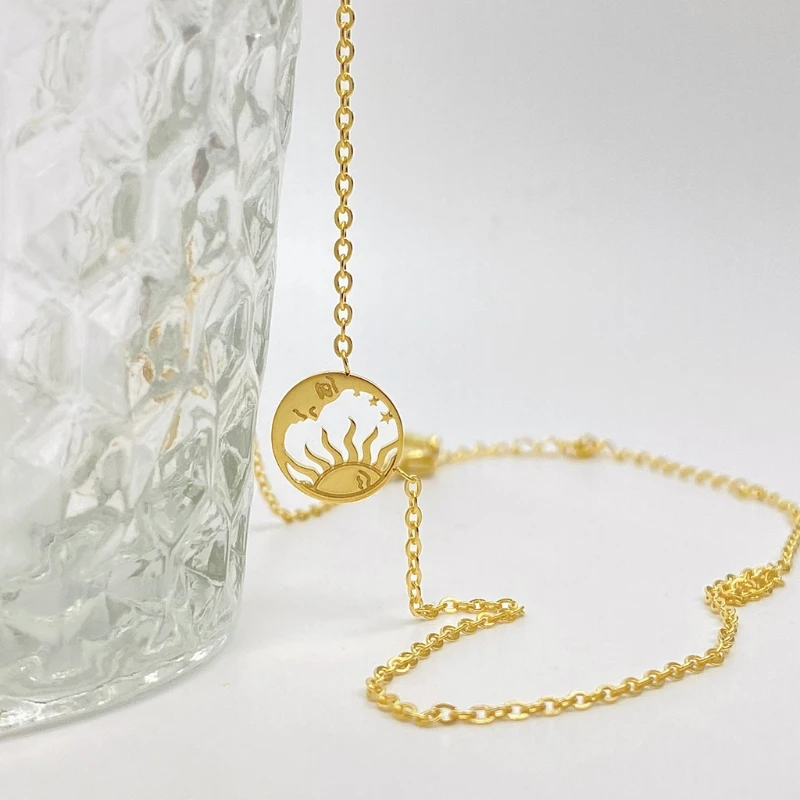

Moon and Sun Hollowed Necklace for Women Dainty Tiny Round Shaped Gold Plated Chain Micro Simple Choker Necklaces for Gi