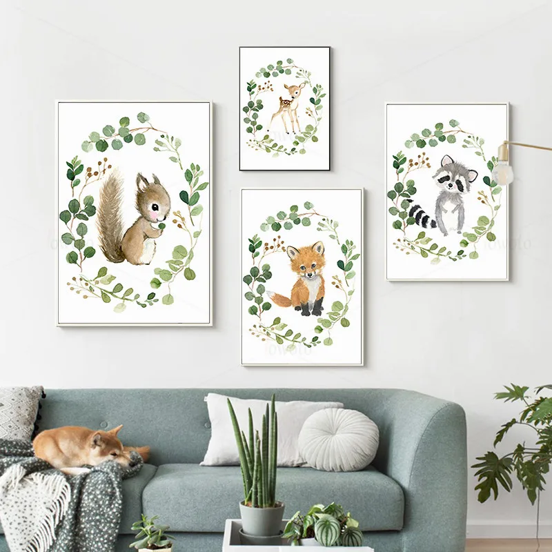 Детская живопись на холсте енот белка олень лиса животное принт Олива ветка