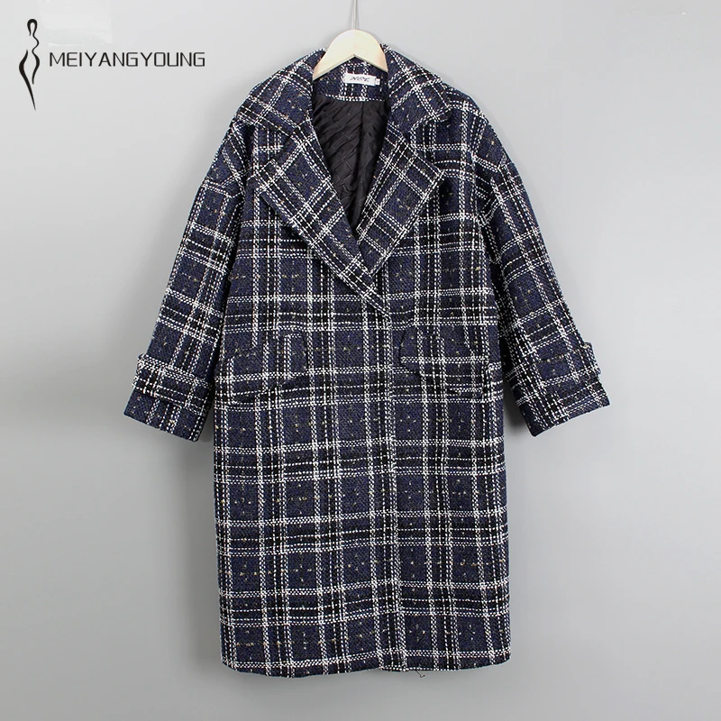 MEIYANGYOUNG Plaid Winter Coat Jacket Women Turn Down Collar Pockets Warm Thick Long Coat Harajuku Korean Female Overcoat 2021