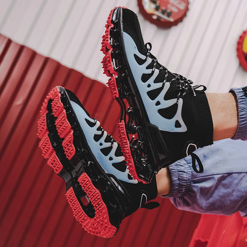 

Casual High Top Men Shoes Luminous Blade Bottom High Quality Flying Woven Male Platform Sneakers Comfortable Basket Walking