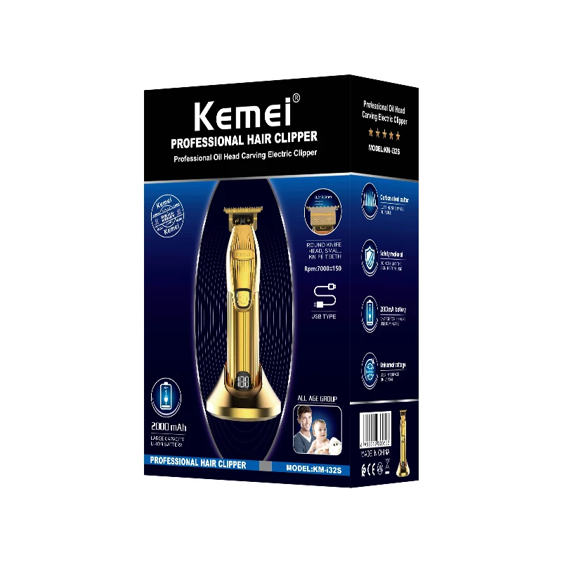 

Kemei Professional Rechargeable Hair Trimmer Portable Gold 0mm Cordless T-blade Hair Clipper Shaving for Stylists Barber
