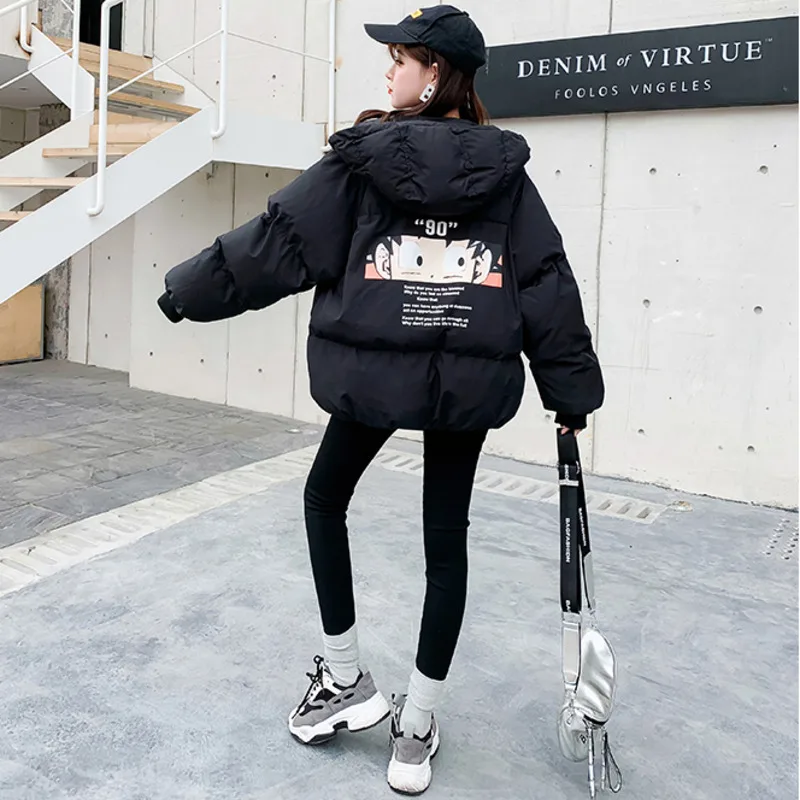Winter Jacket Women Casual Outwear Harajuku Youthful Childhood Anime Printing Boyfriend Loose Warm Bread Coat Cotton Parka