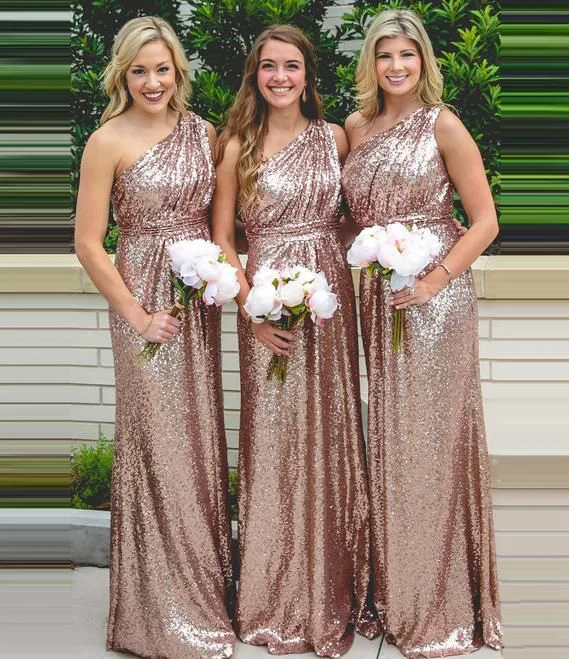 

2020 Rose Gold Sequins Bridesmaid Meeting Dresses Sparkle One Shoulder Sheath Blush Bridal Prom Evening Party Gowns