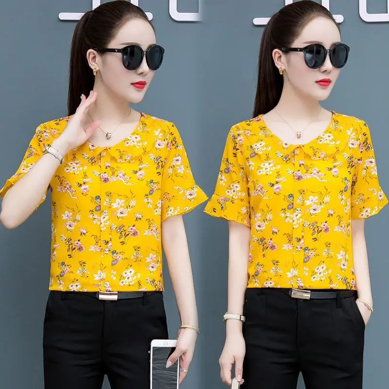 

Flower Summer Tops Ruffles Ruffle Neck Short Sleeve Blouse Women Shirts Green Red Chiffon Shirt Fashion Korean Slim Blusas Mujer