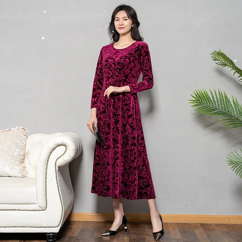 Spring Dress Women Velvet Elegant Long Embossed Womens Dresses New Arrival 2019 Sleeve Vestido KJ2089 | Женская одежда