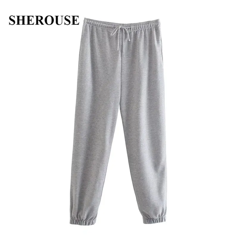 

SHEROUSE Fashion Women Solid Drawstring Long Pants Vintage Elastic Waist High Waist Female Trousers