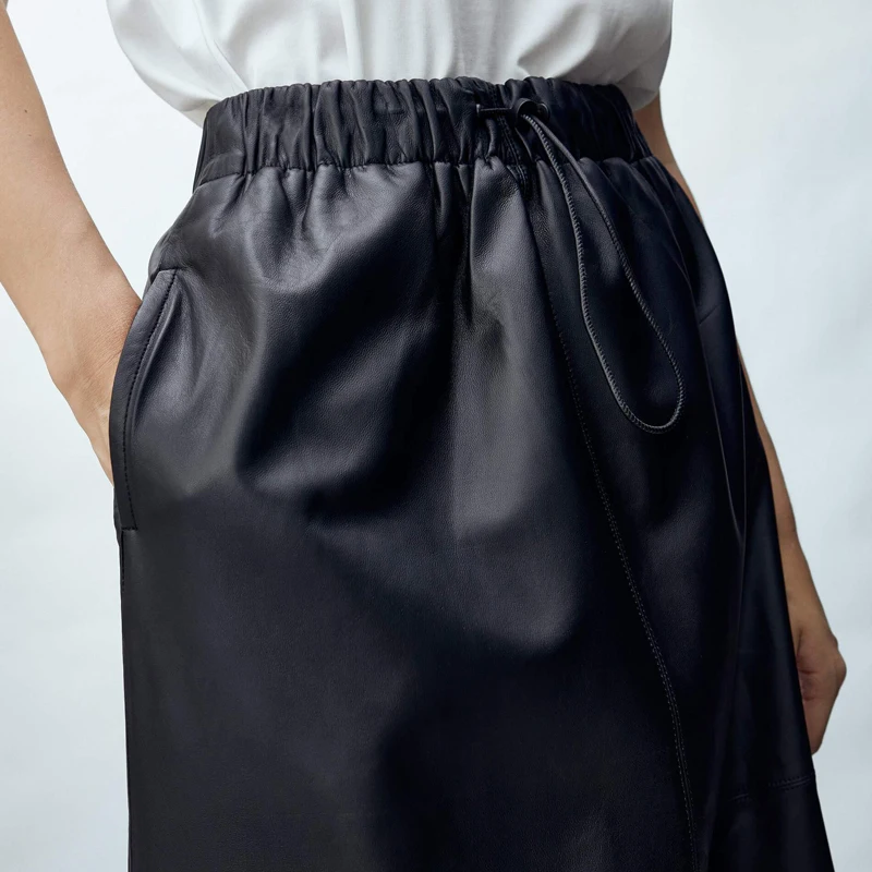 Женская длинная юбка из ПУ кожи с высокой талией до середины икры | одежда