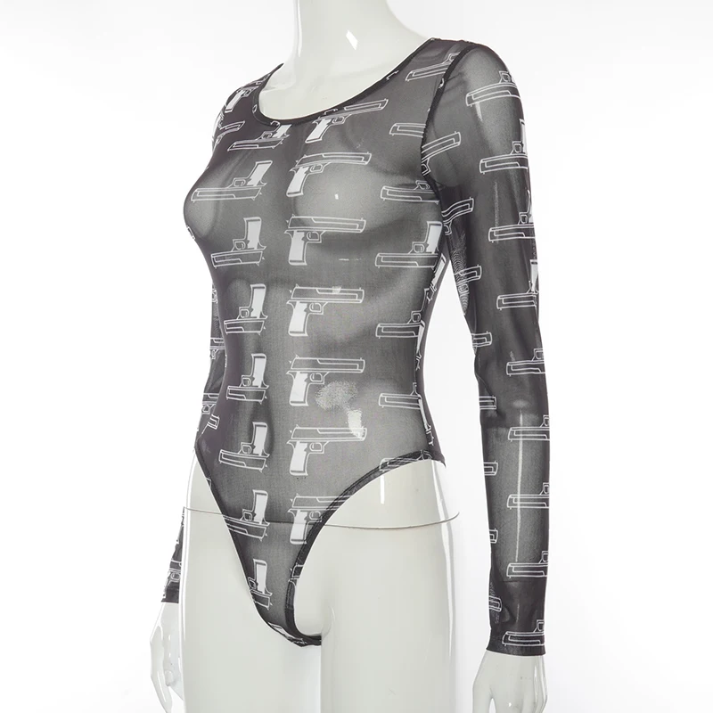 

Women See Through Bodysuits Black Jumpsuit Long Sleeves Round Neck Triangle Crotch Transparent Bodysuit